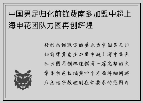 中国男足归化前锋费南多加盟中超上海申花团队力图再创辉煌