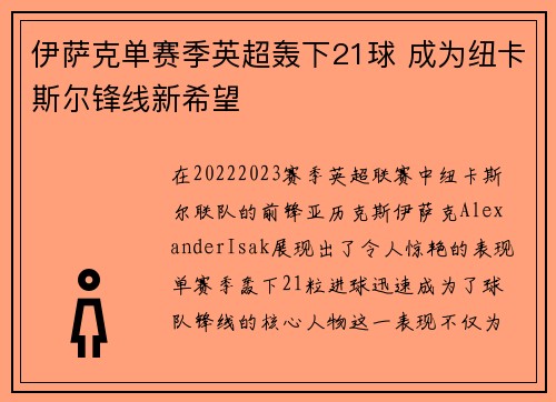 伊萨克单赛季英超轰下21球 成为纽卡斯尔锋线新希望